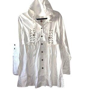 Aria White Hooded Button-Up Tunic With Lace-Up Detail Medium